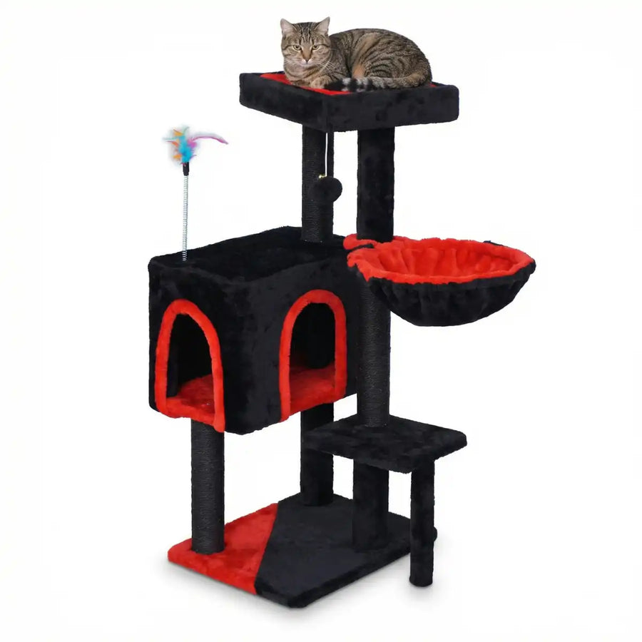 Kattklösbräda 90 cm – flernivå, hängmatta, 43 x 33 cm, svart/röd