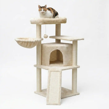 Kissan raapimispuu 106 cm – monitasoinen, riippupussi, 6,5 cm rungot, beige