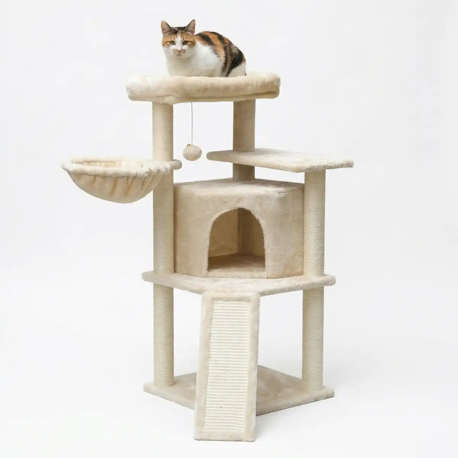 Kattklösbräda 106 cm – flervånings, hängande påse, 6,5 cm stolpar, beige