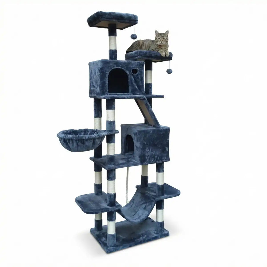 Kattklätterträd 206 cm – 2 koppar, 2 hängmattor, 6 nivåer