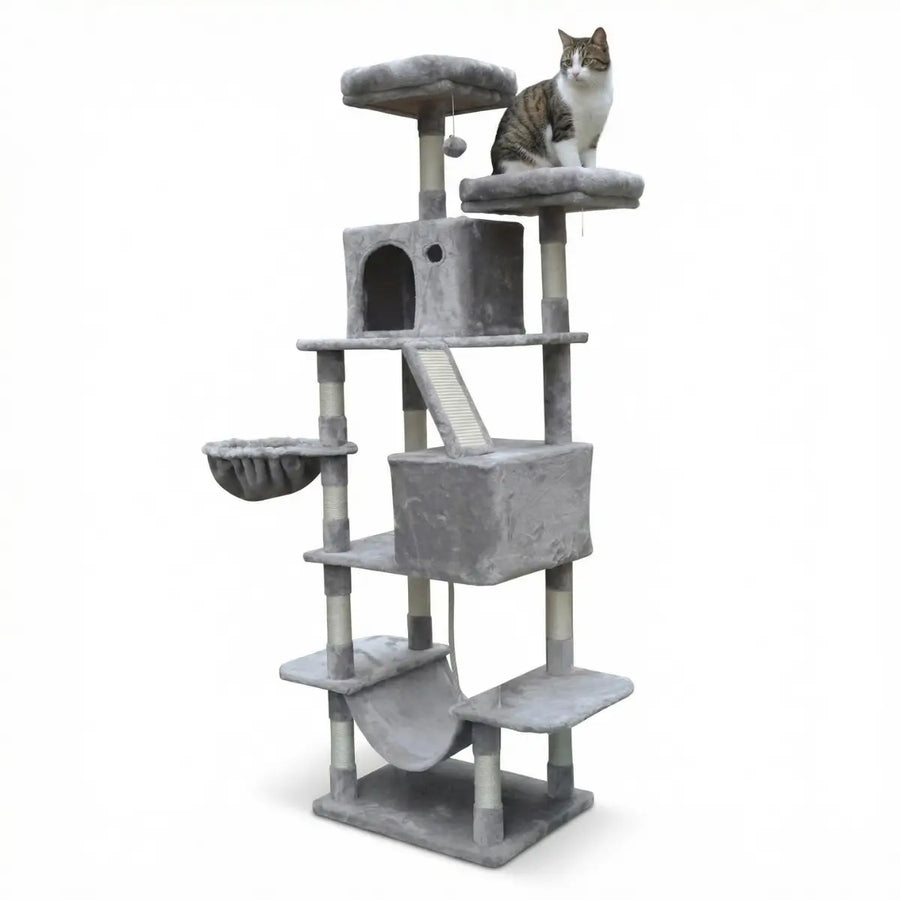 Kattklätterträd 206 cm – 2 koppar, 2 hängmattor, 6 nivåer
