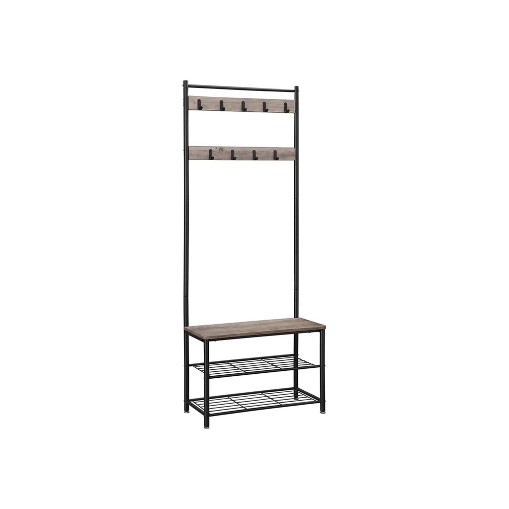 Eteiskaluste, naulakko kenkäpenkillä ja kenkätelineellä, 3-in-1-rakenne, teräsrunko, eteiseen, 32,5 × 70 × 175 cm, industrial-tyyli, greige ja musta