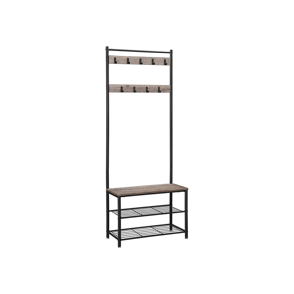Eteiskaluste, naulakko kenkäpenkillä ja kenkätelineellä, 3-in-1-rakenne, teräsrunko, eteiseen, 32,5 × 70 × 175 cm, industrial-tyyli, greige ja musta