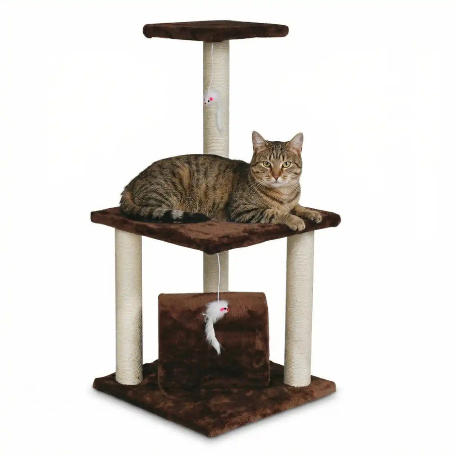 Kattklösträd 83 cm – grotta, 3 klösytor, mjuka ytor, brunt