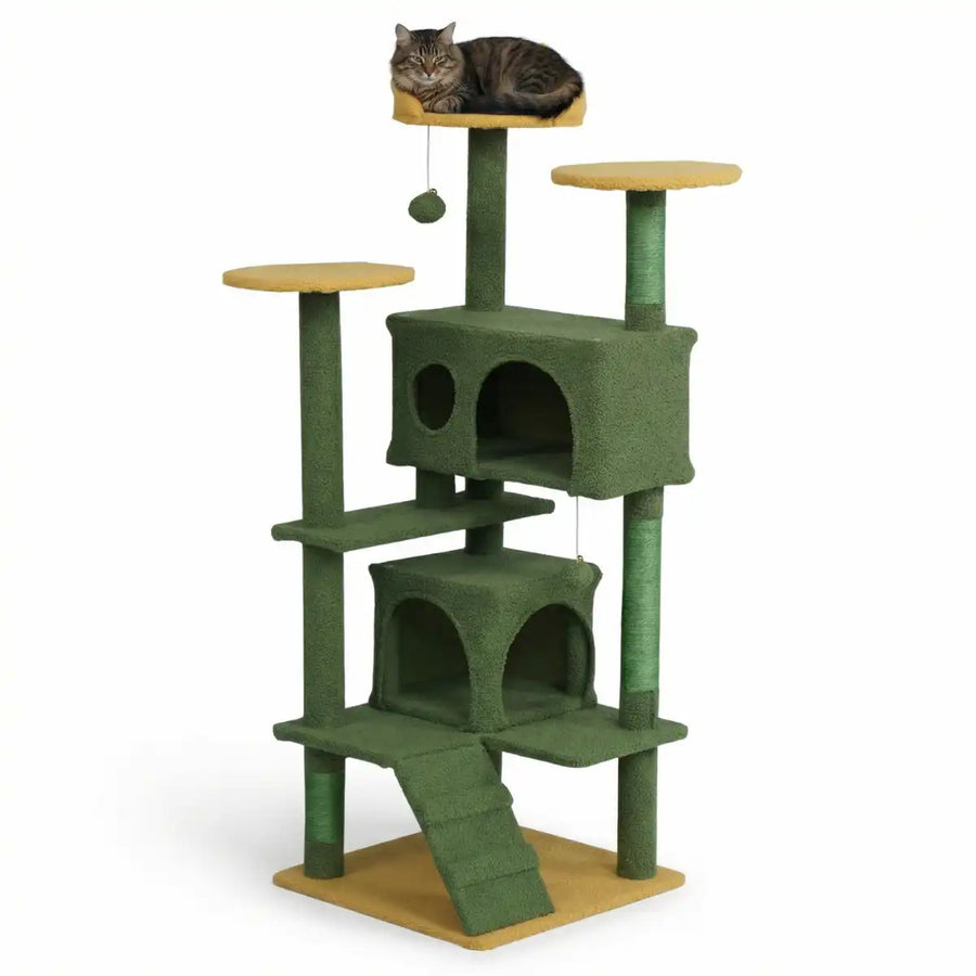 Kattklösbräda 139 cm – 2 hus, sisalstolpar, bollleksaker, gul/grön