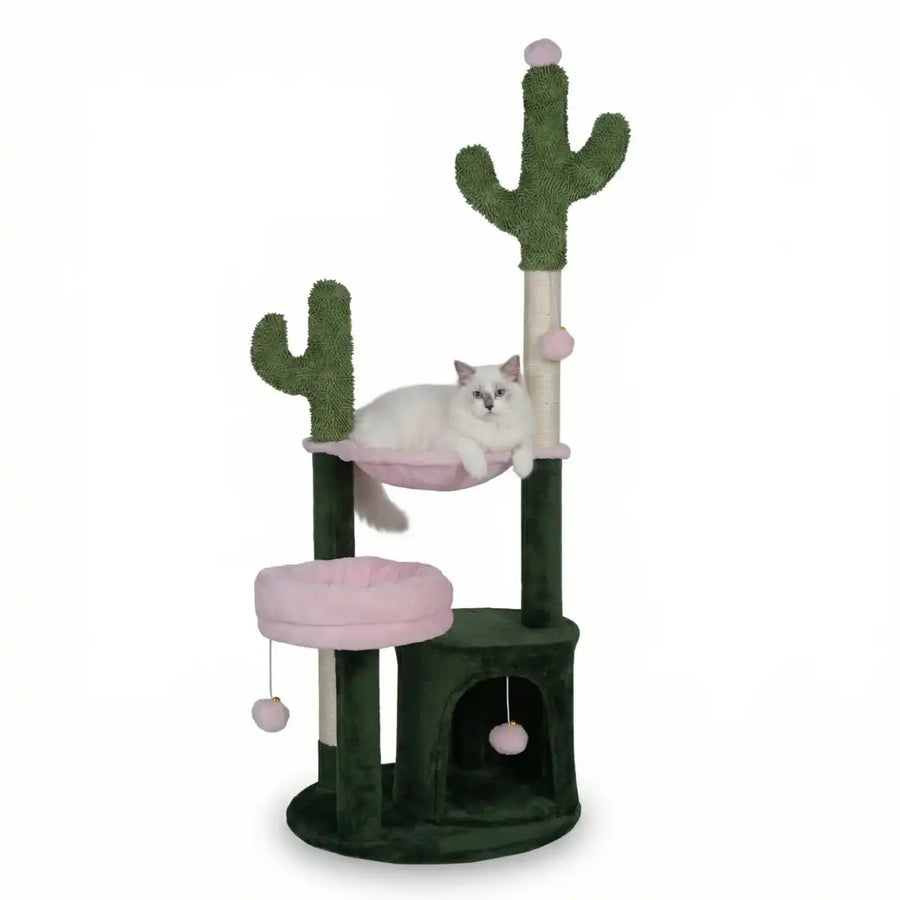 Kattklätterträd 125 cm – 3 nivåer, hängmatta, 2 sisalstolpar, grön/rosa