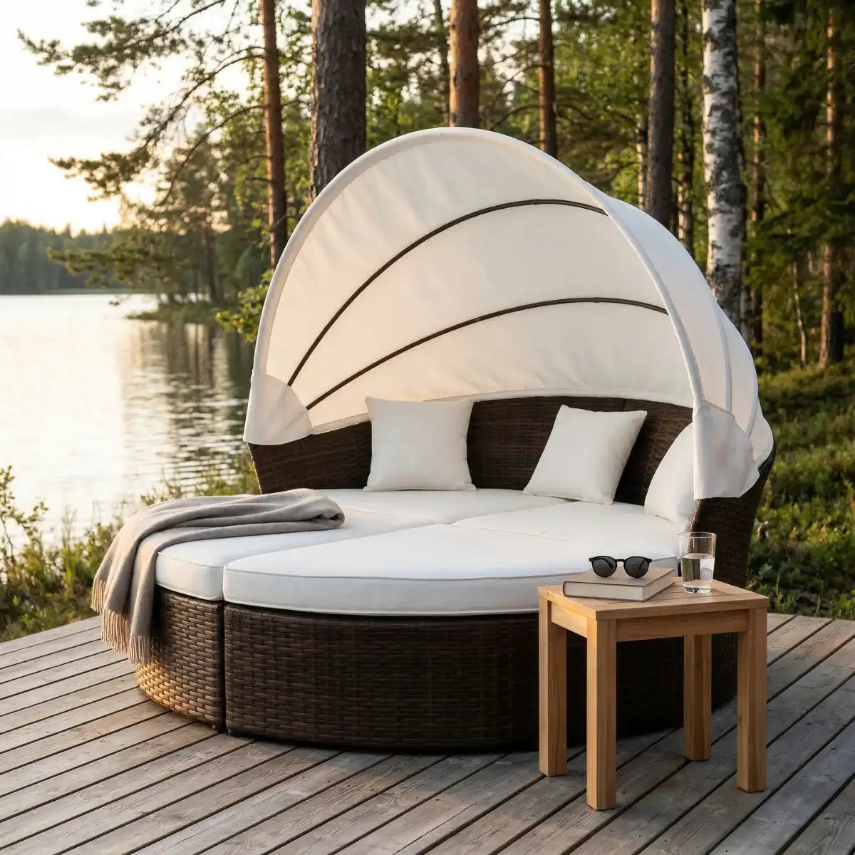 Aurinkovuode 200 cm – 3-osainen, polyrottinki, 8 cm pehmuste, ruskea/beige