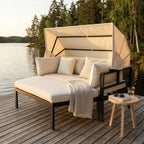 Aurinkovuode 175 x 143 cm – irrotettava katos, 10 cm pehmuste, alumiinirunko, musta/beige