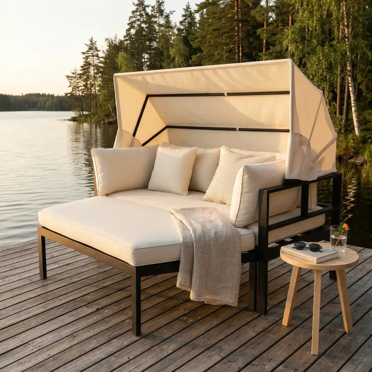 Aurinkovuode 175 x 143 cm – irrotettava katos, 10 cm pehmuste, alumiinirunko, musta/beige