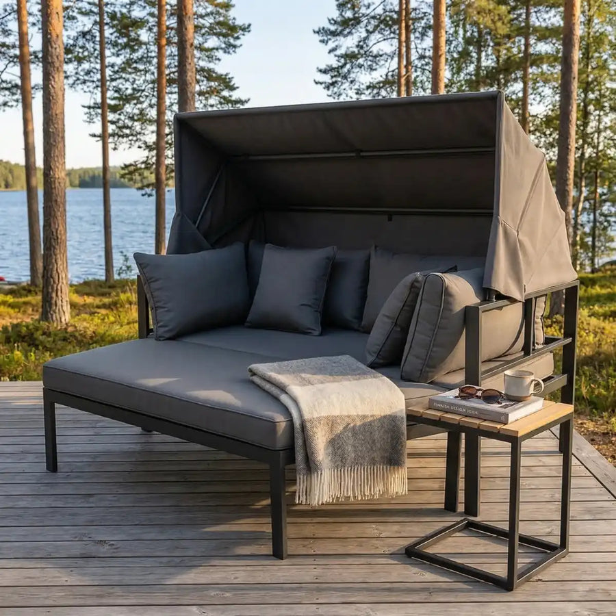 Solstol 175 x 143 cm – avtagbart tak, 10 cm stoppning, aluminiumram, svart/grå