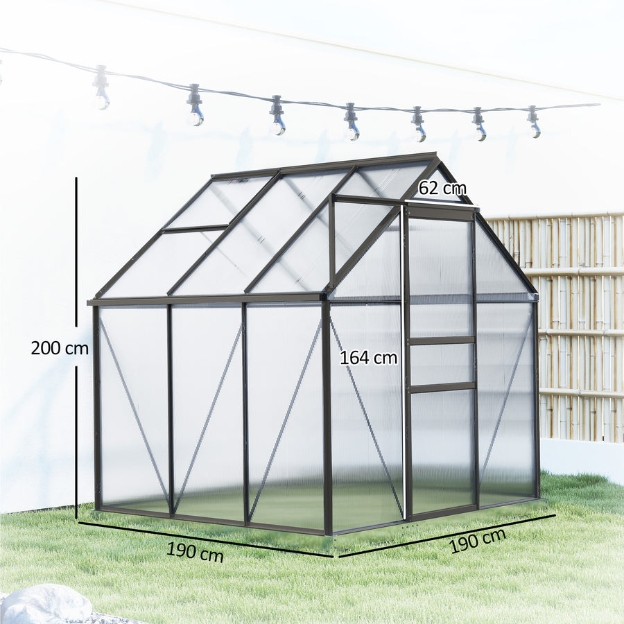 Alumiininen polykarbonaattikasvihuone perustuksella ja kattoikkunalla, 3,6 m², harmaa