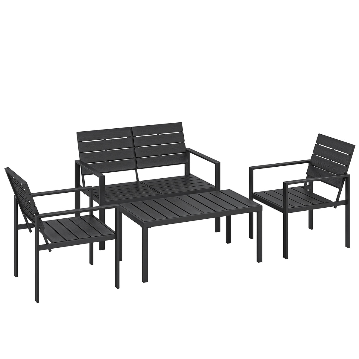 HDPE-säleinen oleskeluryhmä neljälle, sohva + 2 nojatuolia + sohvapöytä, musta