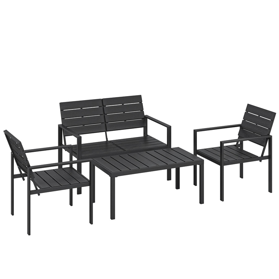 HDPE-säleinen oleskeluryhmä neljälle, sohva + 2 nojatuolia + sohvapöytä, musta