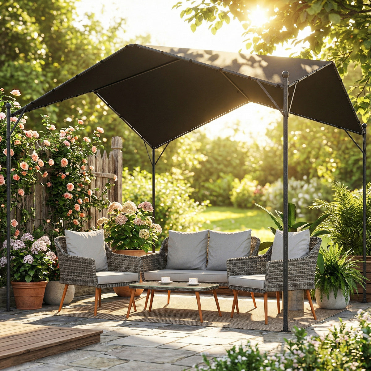 Pergola harjakatolla ja kolmiotuilla, 3 x 3 m, tummanharmaa