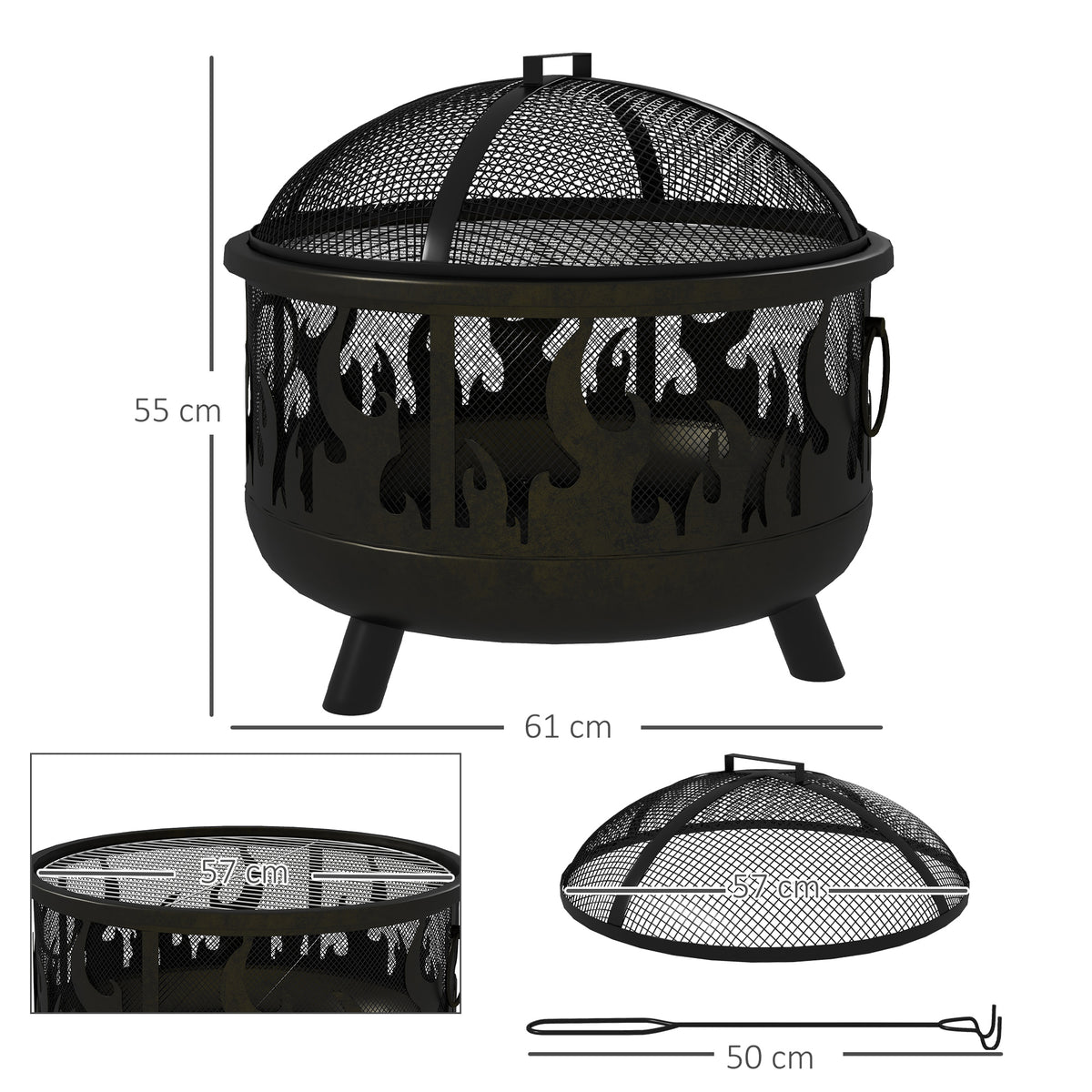 Tulisija ja grilli 2-in-1 kipinäsuojalla, Ø61 cm, musta