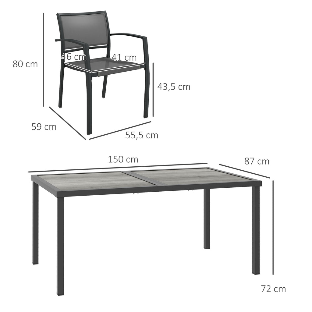 Ruokailuryhmä neljälle pinottavilla tuoleilla, 150 cm pöytä, harmaa