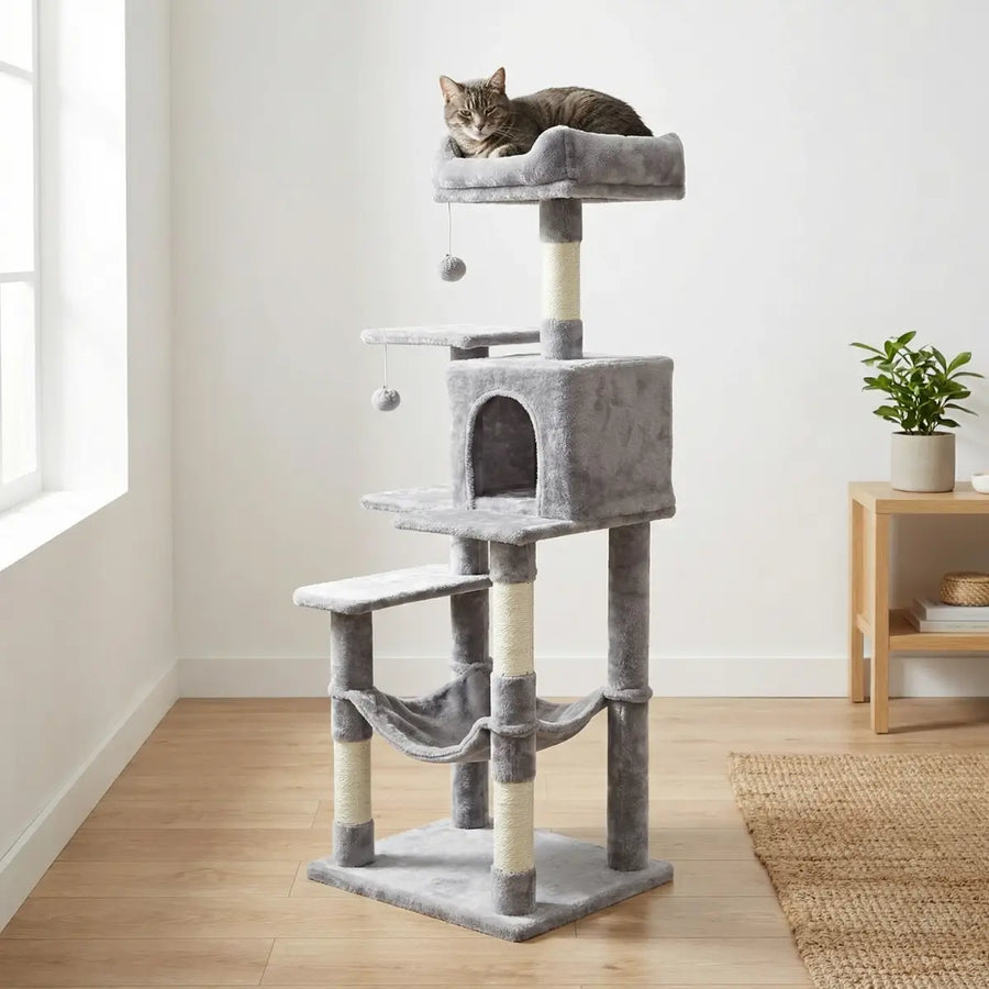 Kattklätterträd 143 cm – hus, hängmatta, 55 x 45 cm