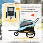 2-in-1 koiran pyöräkärry ja koiravaunut 30 kg, kokoontaitettava koiran kuljetuskärry, vaaleansininen