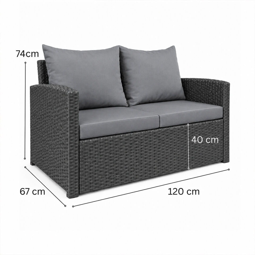 2-istuttava polyrottinkisohva 120 cm EMMI, Musta/harmaa