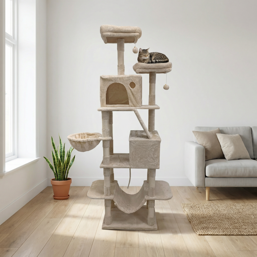 Kattklätterträd 206 cm – 2 koppar, 2 hängmattor, beige