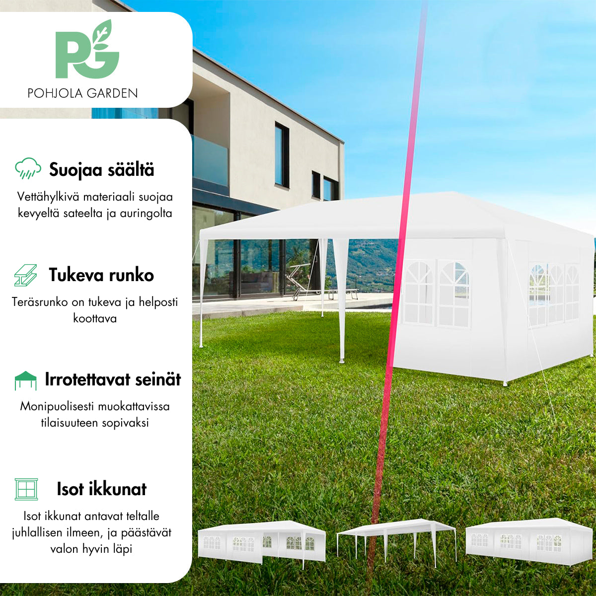 OUTLET! POHJOLA GARDEN Juhlateltta / Paviljonki irrotettavilla sivuilla 3x4m PE, sininen