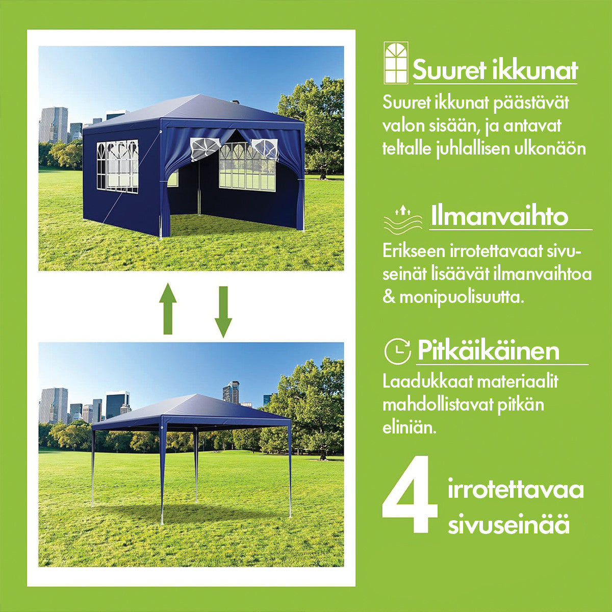 OUTLET! POHJOLA GARDEN Juhlateltta / Paviljonki irrotettavilla sivuilla 3x4m PE, sininen