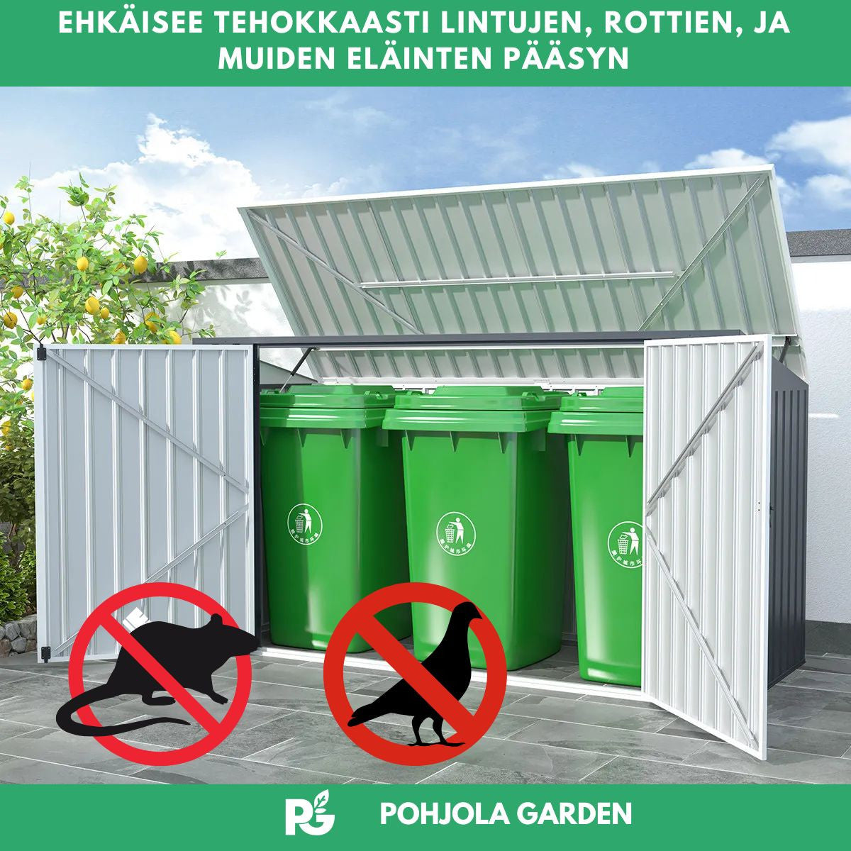 POHJOLA GARDEN Roskakatos XL 3 astialle, Teräslevy, 237 x 101 x 131 cm