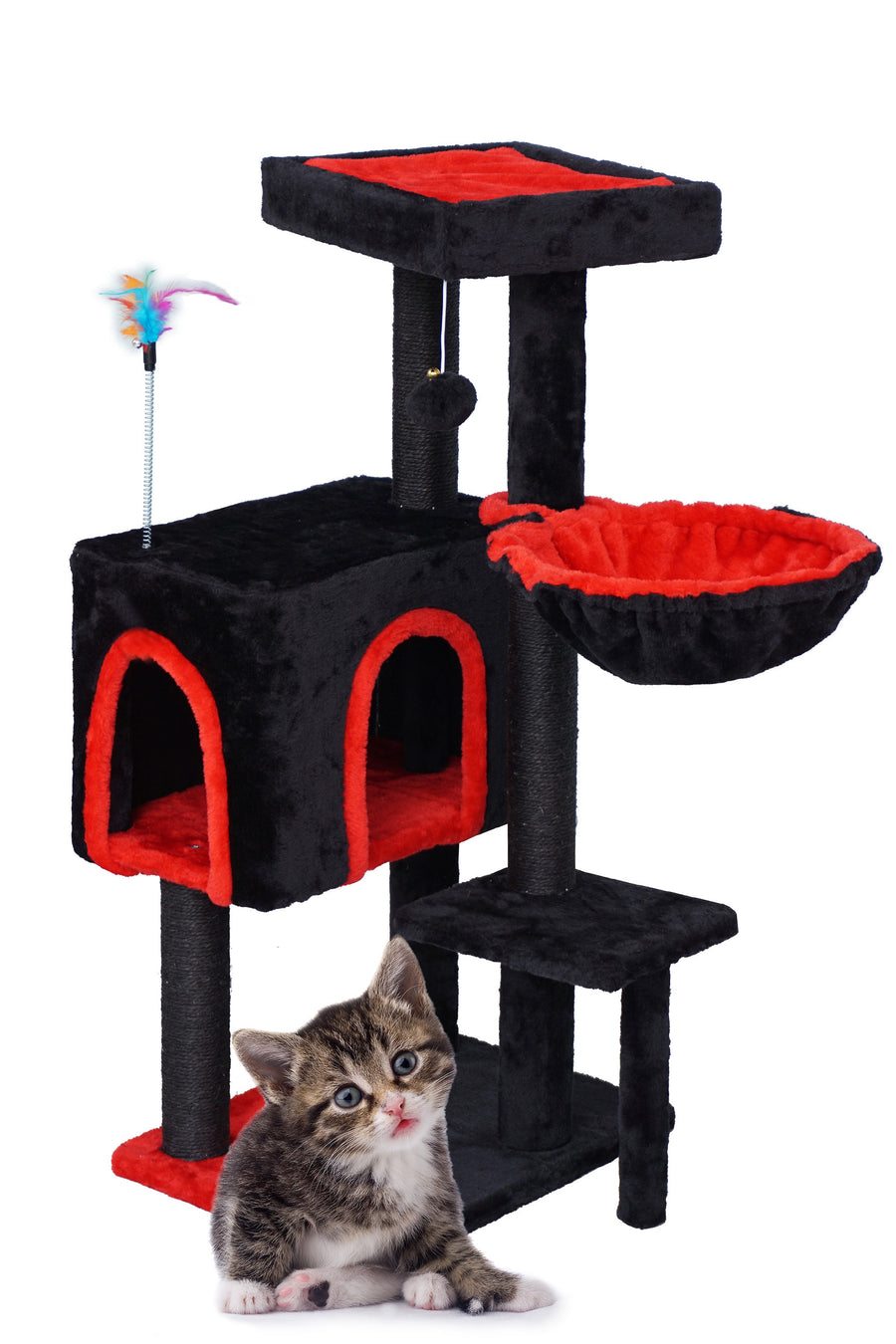 Kattklösbräda 90 cm – flernivå, hängmatta, 43 x 33 cm, svart/röd