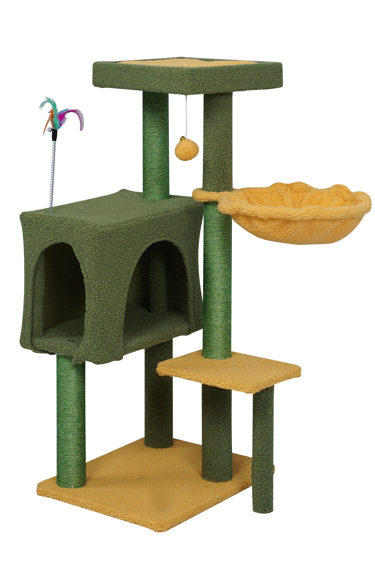 Kissan raapimispuu 90 cm – monitasoinen, riippumatto, 43 x 33 cm, vihreä