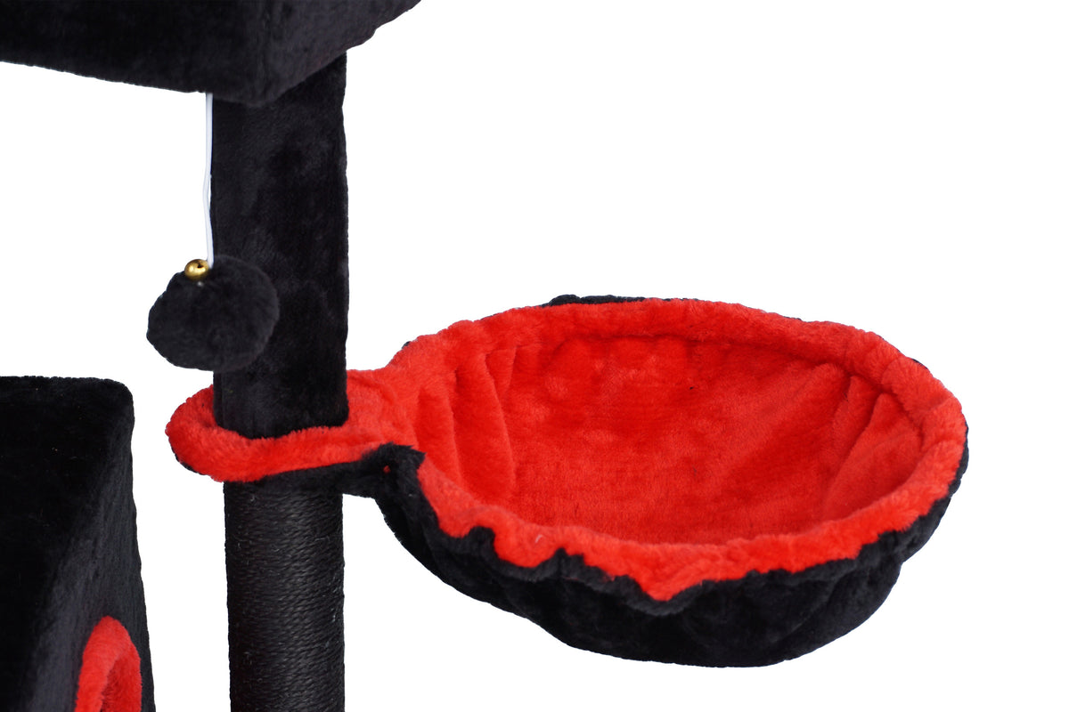 Kissan raapimispuu 90 cm – monitasoinen, riippumatto, 43 x 33 cm, musta/punainen