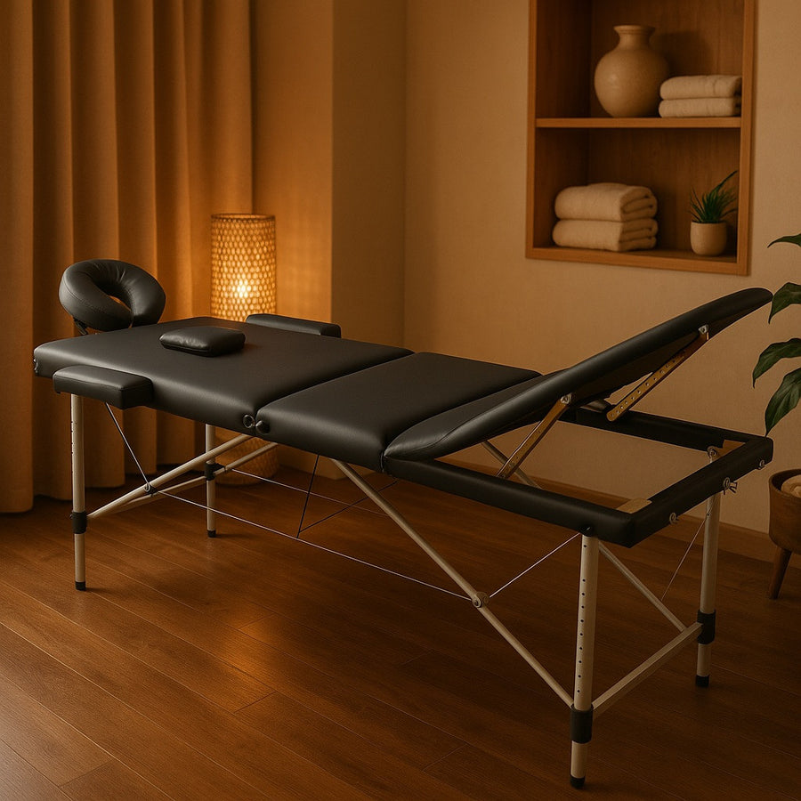 Outlet-massagebänk 195 x 70 cm – 3 zoner, aluminiumram, svart