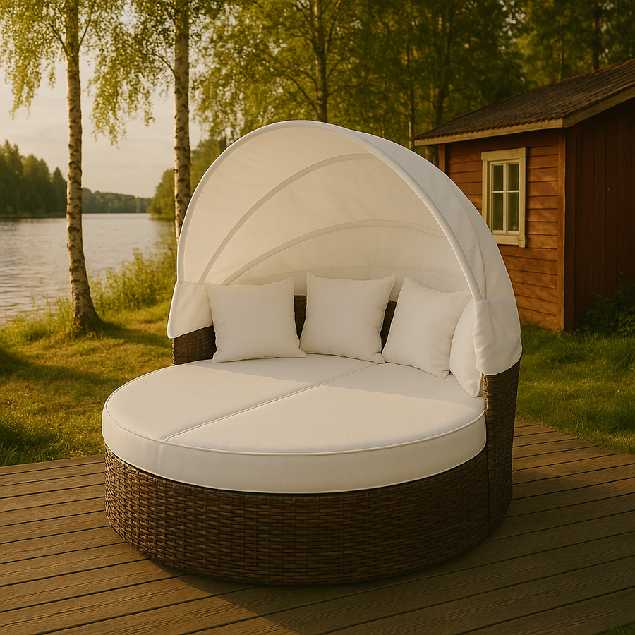 Outlet aurinkovuode 165 cm – polyrottinki, katos, 15 cm pehmusteet