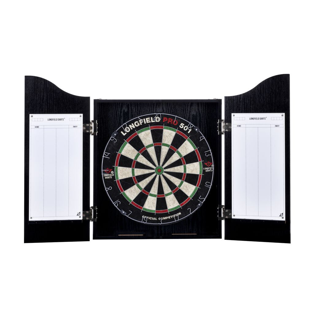 LONGFIELD DARTS BOARD, CABINET AND 2 DARTS SETS