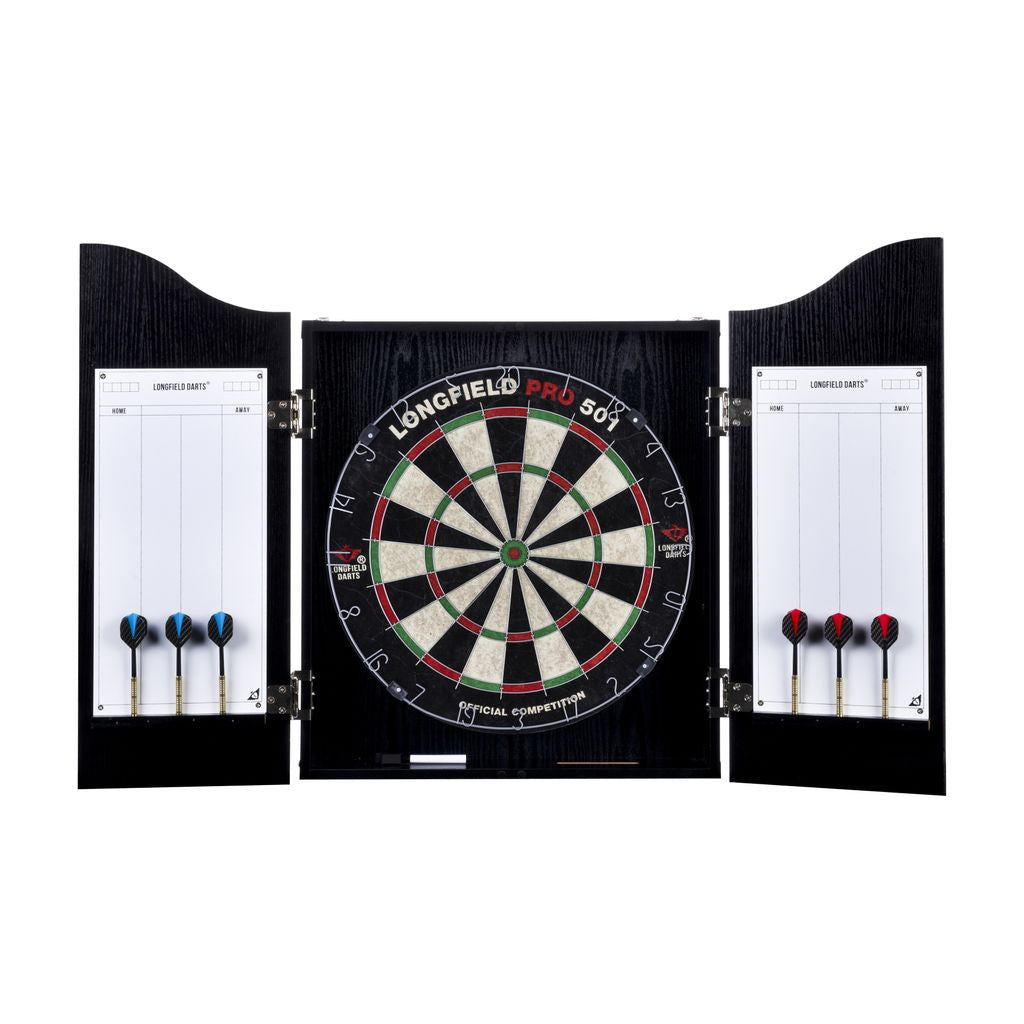 LONGFIELD DARTS BOARD, CABINET AND 2 DARTS SETS