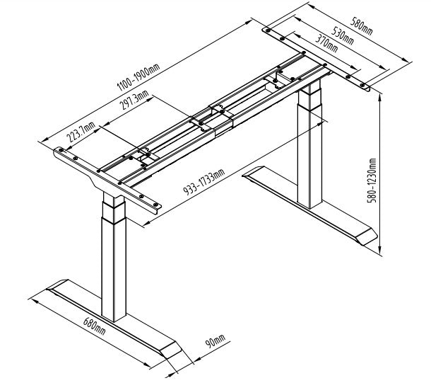 Sähköpöydän runko 58-123 cm – 125 kg, 120-200 cm pöytälevyyn, 38 mm/s