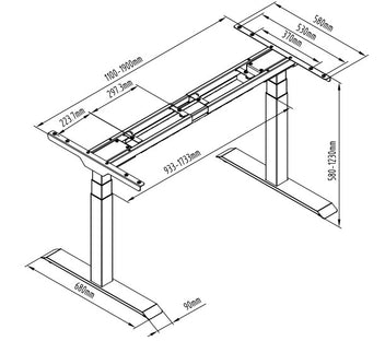 Sähköpöydän runko 58-123 cm – 125 kg, 120-200 cm pöytälevyyn, 38 mm/s