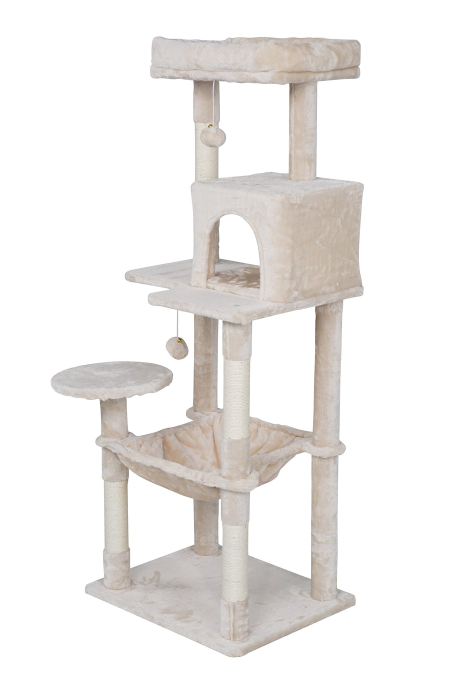 Kissan raapimispuu 143 cm – piiloluola, riippumatto, beige