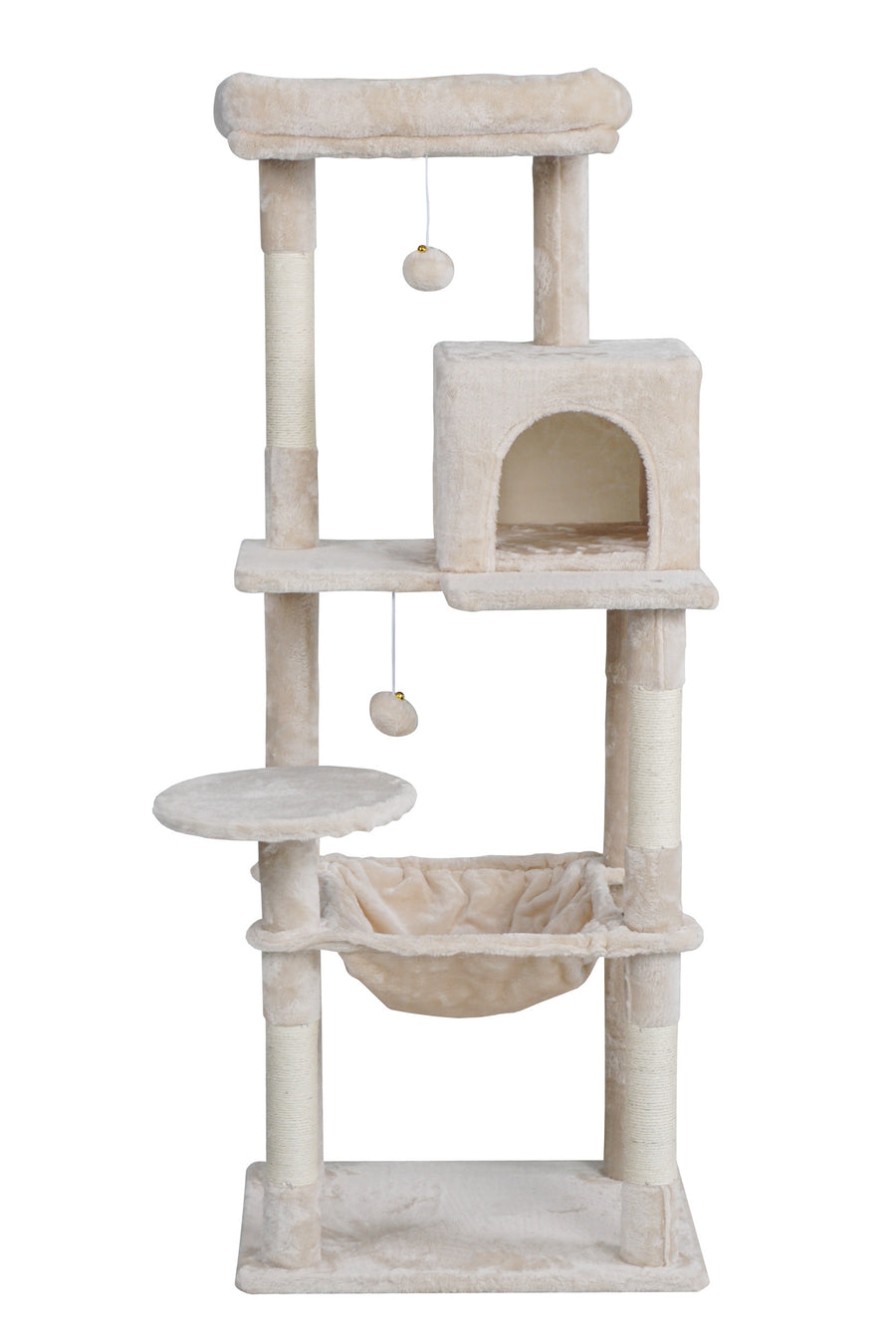 Kissan raapimispuu 143 cm – piiloluola, riippumatto, beige