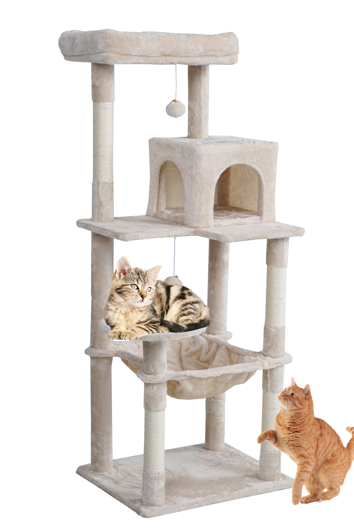 Kissan raapimispuu 143 cm – piiloluola, riippumatto, beige
