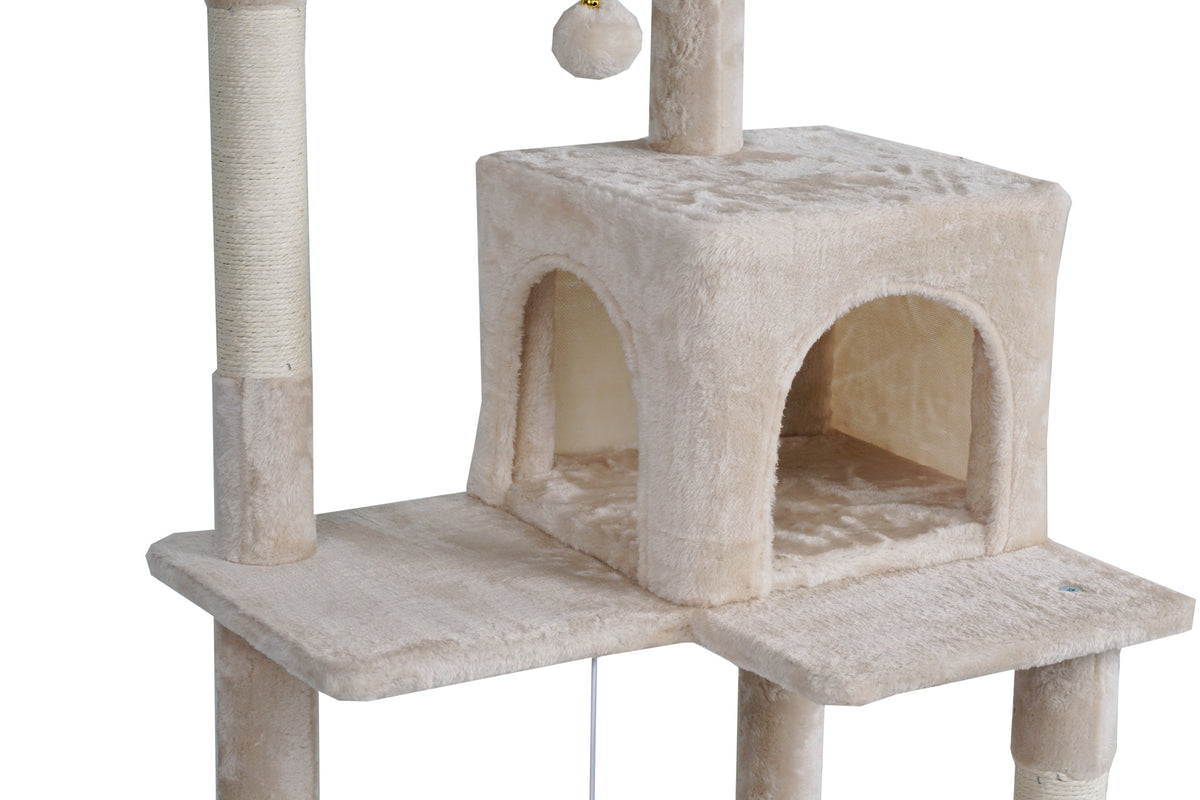 Kissan raapimispuu 143 cm – piiloluola, riippumatto, beige