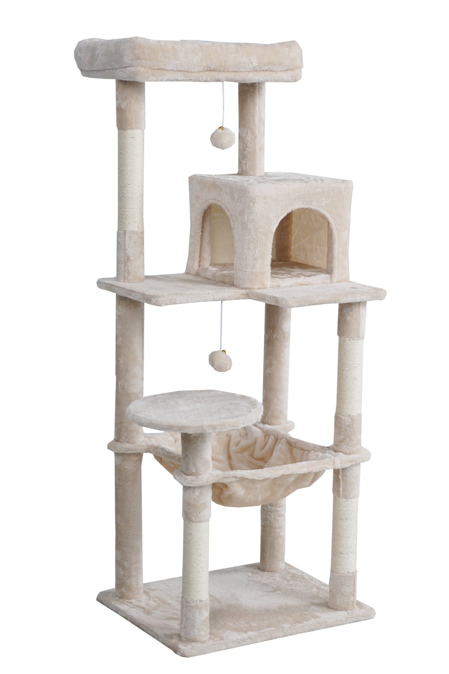 Kissan raapimispuu 143 cm – piiloluola, riippumatto, beige