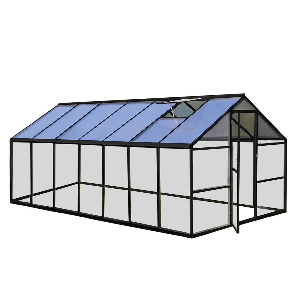 POHJOLA GARDEN Iso Hybridi Kasvihuone 10m2 + Sokkeli & Rännit,  Kirkas Seinäpaneeli, Sokkeli, Musta