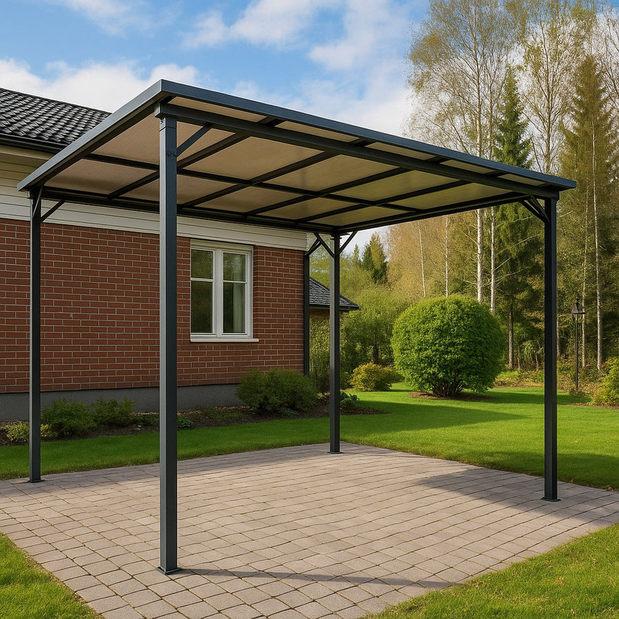 Pergola 3 x 3 m – 6 mm polykarbonaattikatto, 60 x 60 mm teräspylväät, harmaa
