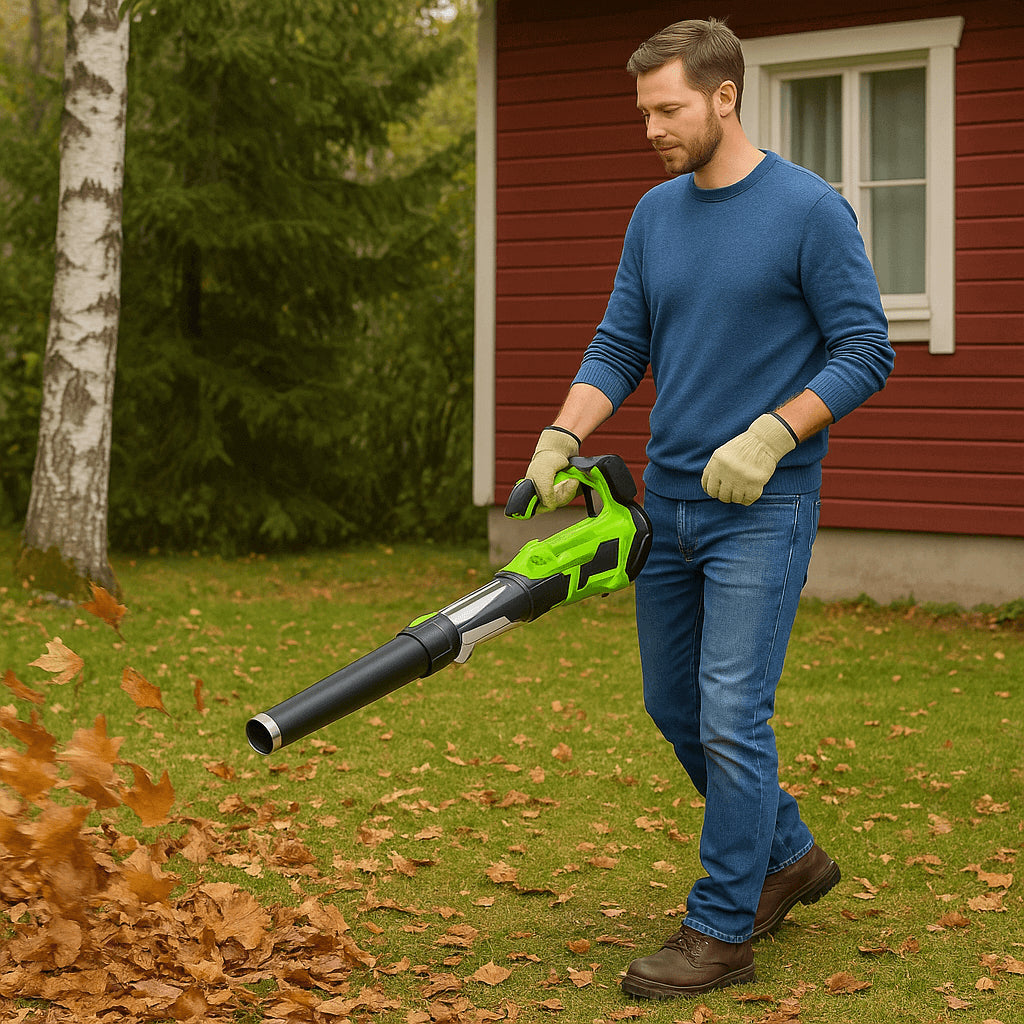 POHJOLA MOTORS Akkukäyttöinen Lehtipuhallin TURBO, 7-nopeutta, 20V Li-ion, sis. Akun ja Laturin