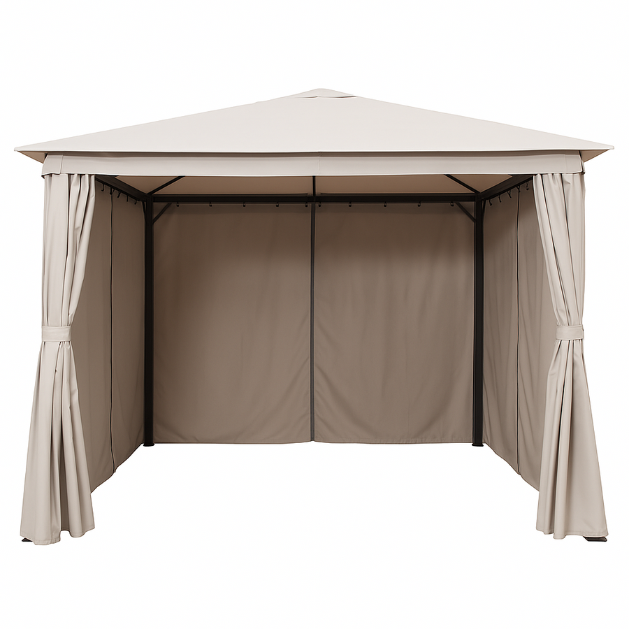 LED-paviljong 3 x 3 m – solpanel, LED-remsor, sidogardiner, beige
