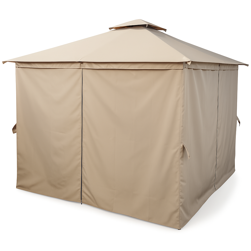 LED-paviljong 3 x 3 m – solpanel, LED-remsor, sidogardiner, beige