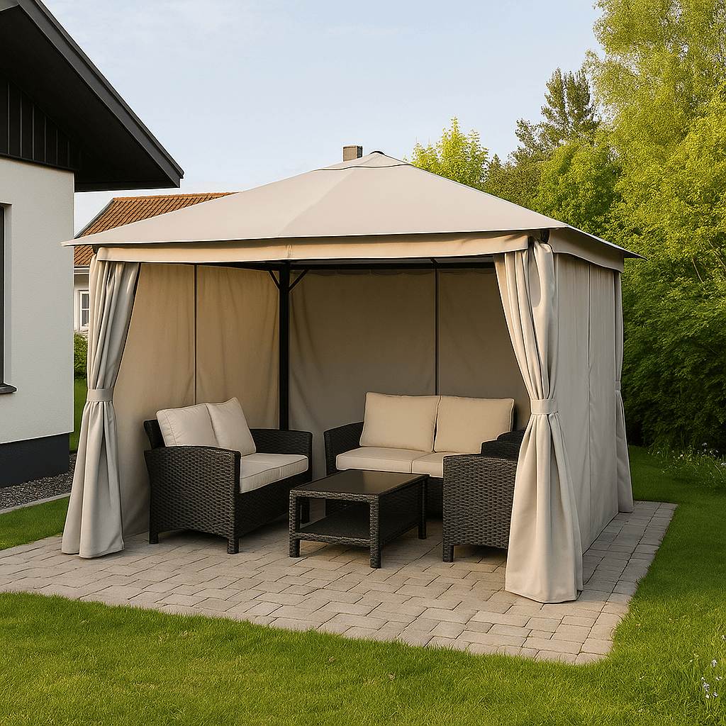 LED-paviljong 3 x 3 m – solpanel, LED-remsor, sidogardiner, grå