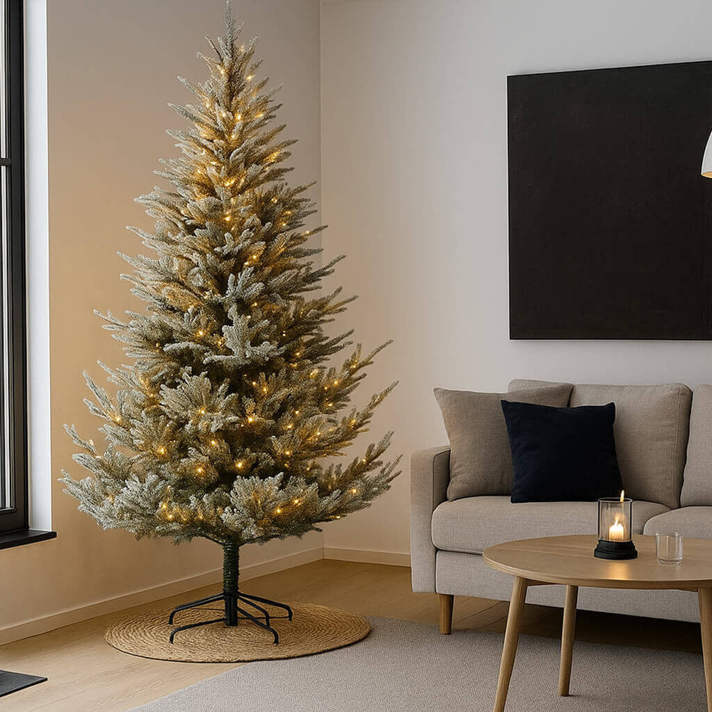 Julgran 210 cm – 818 grenar, snöeffekt, grenar som öppnas automatiskt