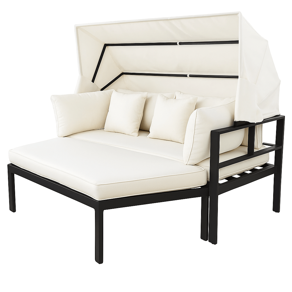 Solstol 175 x 143 cm – avtagbart tak, 10 cm stoppning, aluminiumram, svart/beige
