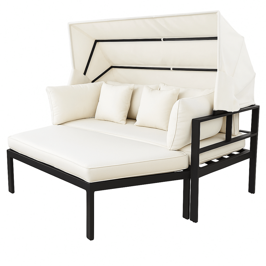 Solstol 175 x 143 cm – avtagbart tak, 10 cm stoppning, aluminiumram, svart/beige